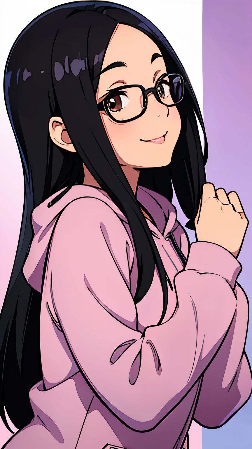 Profile picture, One Girl with black straight hair, straight hair, shoulder lenght hair. Brown eyes, wearing glasses, hair parted in middle, no bangs, no fringe, hair parted in center, round face, little chubby. Happy and smiling. Laughing face, Cute pose, Perfect body, perfect anatomy, detailed face, perfect hands, perfect fingers. Perfect body proportions. HD, clear picture. hairstyle with a center part, that the hair should be parted down the middle, creating a symmetrical look without any frontal hair covering the forehead. Wearing hoodie. Cute pose. Cute posing style. Blushing. Cute. Happy. Cute pose with happy face. Enjoying the moment. Nice and happy pose. Happy face, and happy pose.