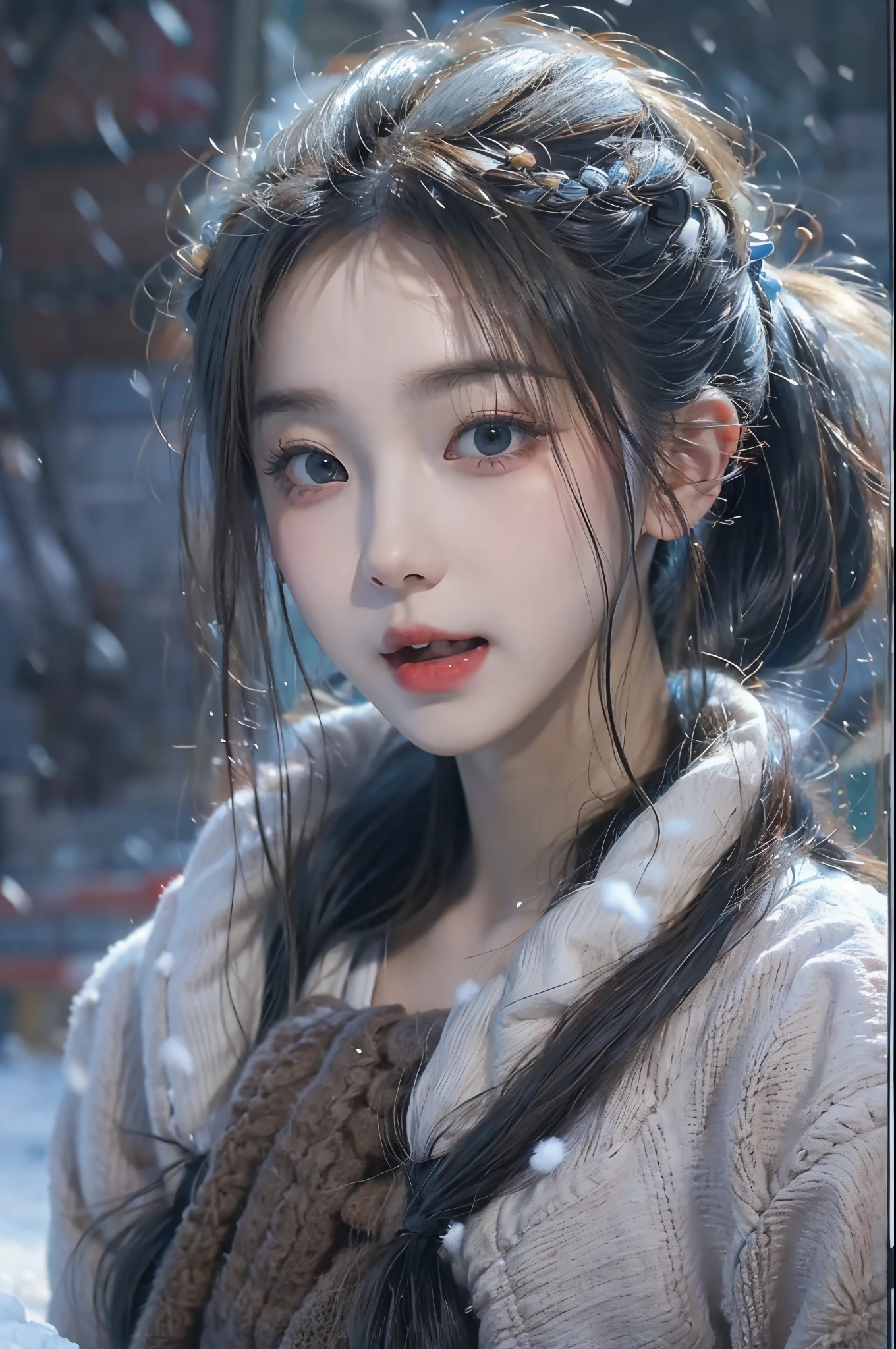 ((top-quality、8K、​masterpiece:1.3))、foco nítido:1.2、(realisitic、Photorealsitic:1.37) 、((short twintails:1.4))、snowscape、⛄️⛄️⛄️、A smile、😮‍💨😮‍💨😮‍💨😮‍💨❄️❄️❄️❄️、28 year old、femele、White breath、cold