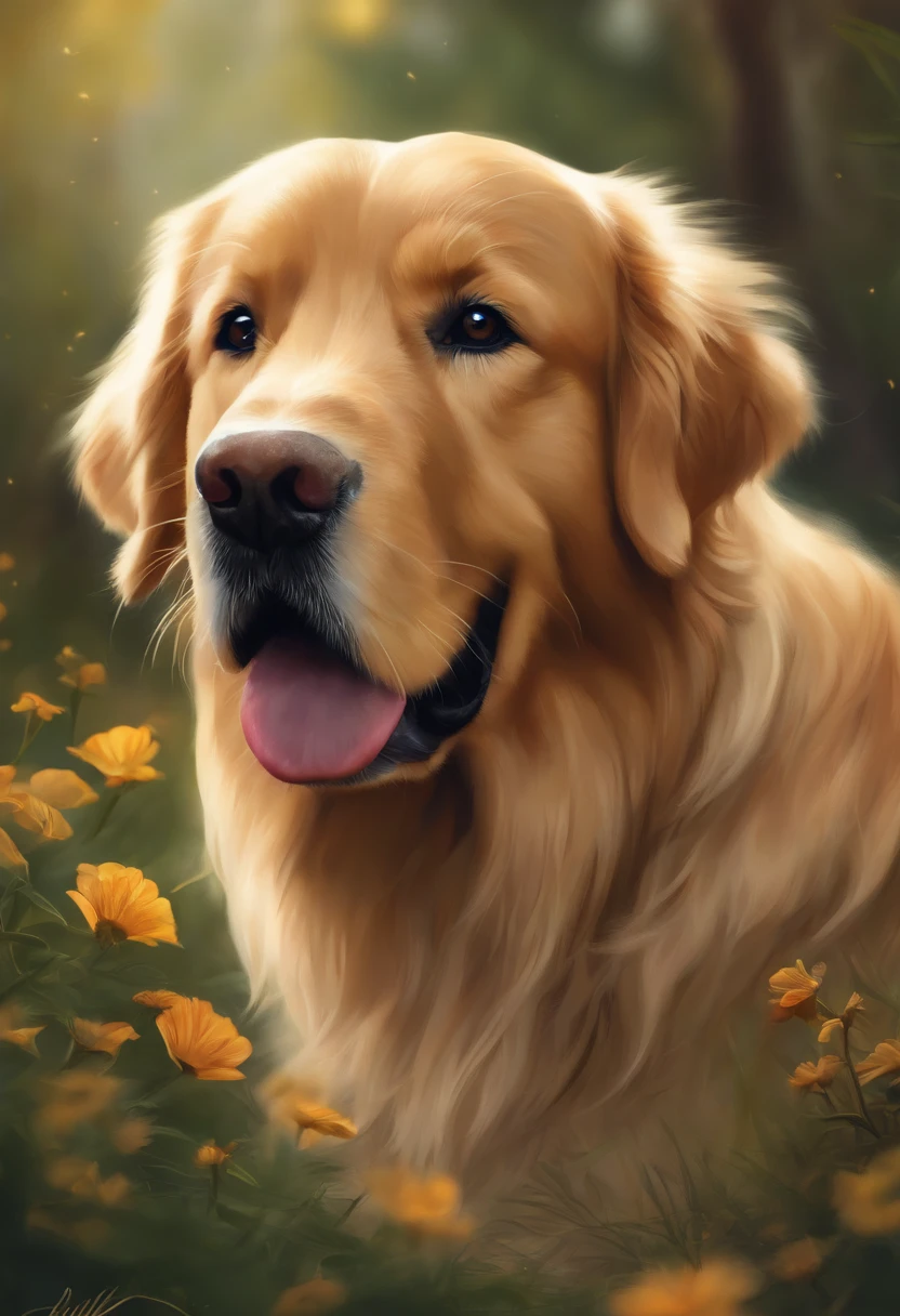 lovely digital painting, Beautifully detailed digital art, Award-winning creature portraits, Realistic illustration, Highly Detailed 4K Digital Art, Highly detailed and realistic, very detailed digital painting, highly detailed digital painting, highly detailed digital painting, hippie realism fantasy art, Pintura digital details, Realistic Fantasy Illustrations, golden retriever, Clean face, PNG background