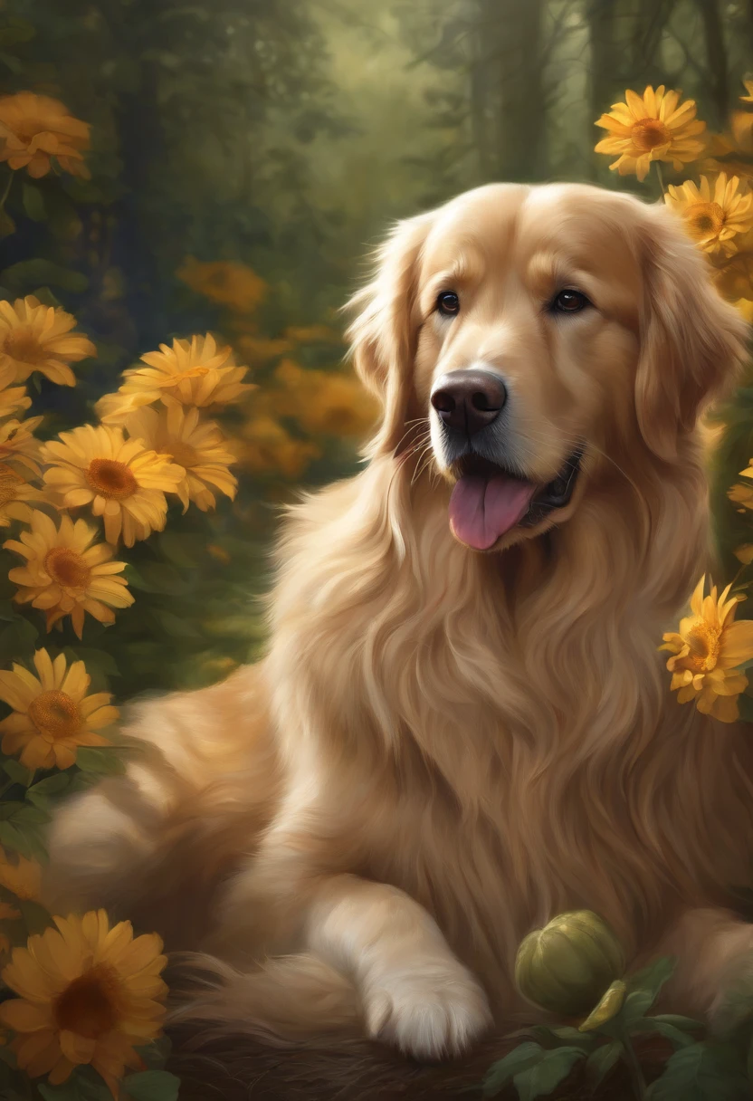 lovely digital painting, Beautifully detailed digital art, Award-winning creature portraits, Realistic illustration, Highly Detailed 4K Digital Art, Highly detailed and realistic, very detailed digital painting, highly detailed digital painting, highly detailed digital painting, hippie realism fantasy art, Pintura digital details, Realistic Fantasy Illustrations, golden retriever, Clean face, PNG background