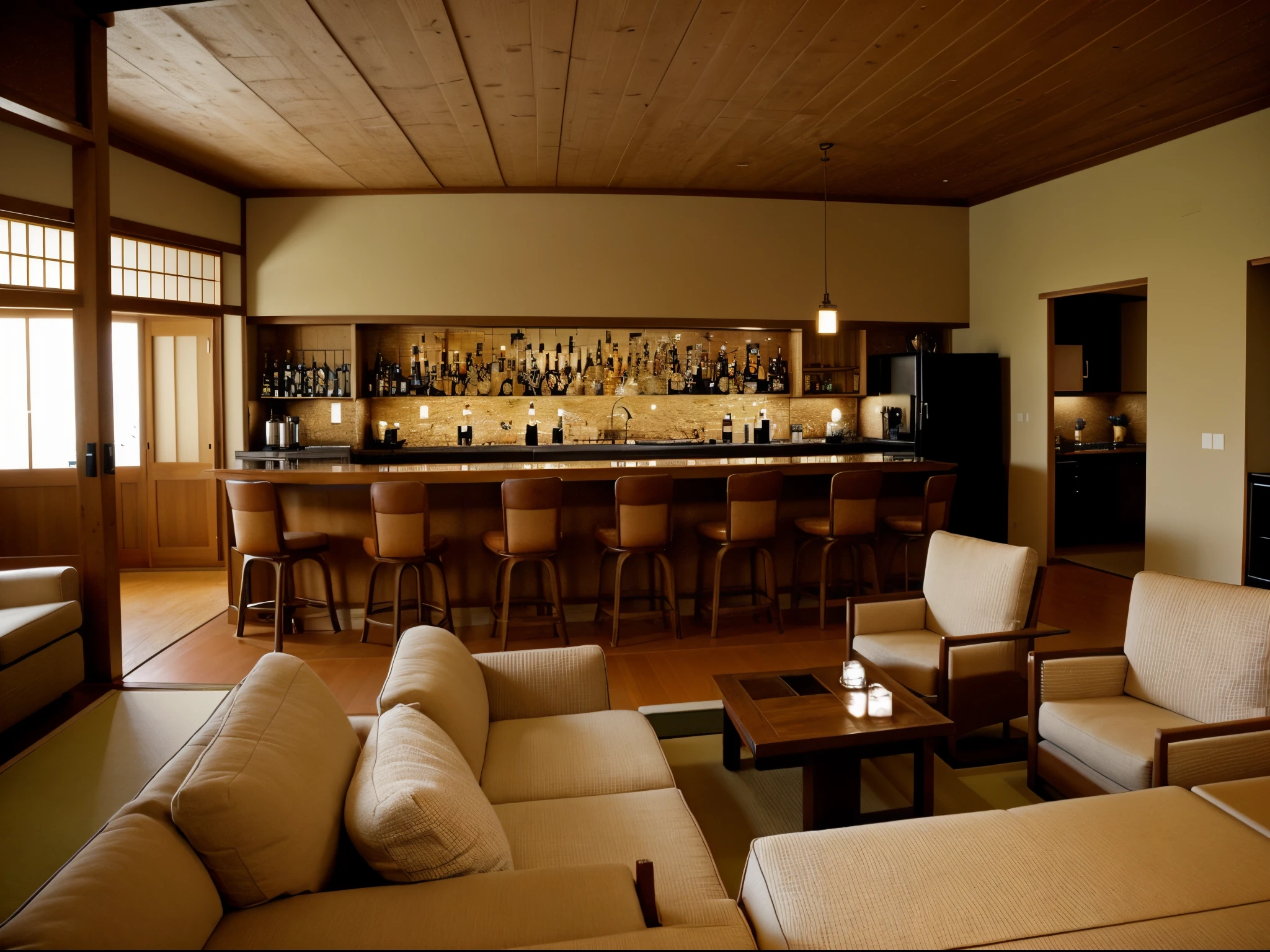Interior of Japanese villa space, large living room;, around the link to the kitchen, Living room, and bar