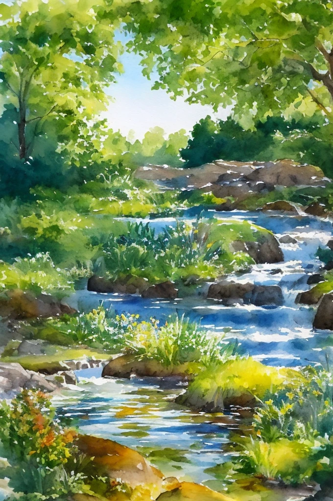 biotope landscape painting,aquarelle.Biodiversity,Rear stick,8k,realistic,Parent and child observing,Narrow range,killifish,a dragonfly,water plants,