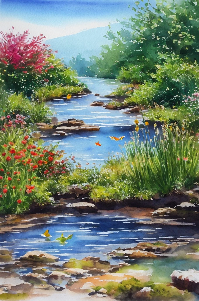 biotope landscape painting,aquarelle.Biodiversity,Rear stick,8k,realistic,Parent and child observing,Narrow range,killifish,a dragonfly,water plants,