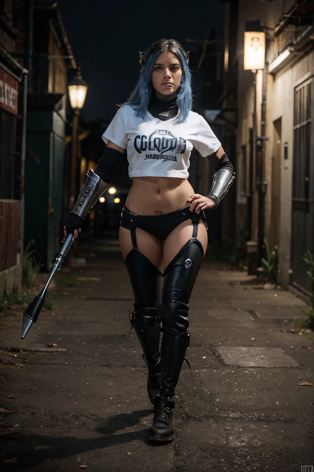 Dark and gloomy full-body 8K drive rendering, cyborg adolescente femenino, cabello azul, Usando armadura de batalla rota, en choza desordenada y desordenada, action shot, Camisa hecha jirones rasgada, piel de porcelana agrietada, poros de la piel, detailed introduction...