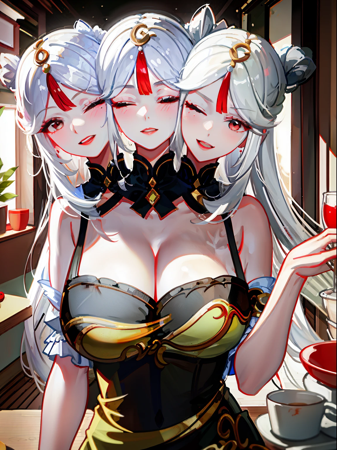 (masterpiece, best quality), best resolution, (3heads:1.5), 1girl, weary, headache, hangover, in pain, dizzy, white hair, brown eyes, one eye closed, open mouth, hand on forehead, apartment kitchen