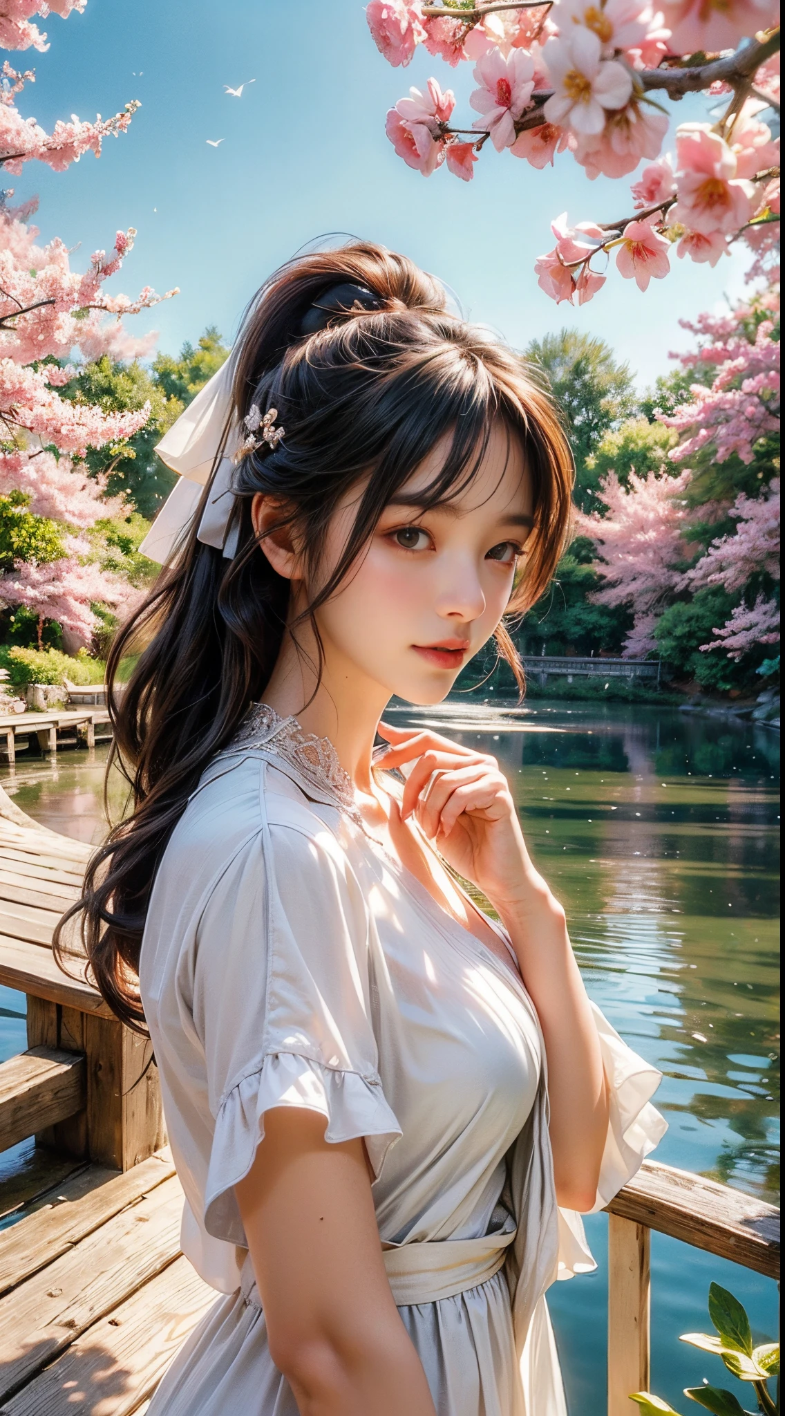 (best quality,4k,8k,highres,masterpiece:1.2),ultra-detailed,(realistic,photorealistic,photo-realistic:1.37),HDR,UHD,studio lighting,ultra-fine painting,sharp focus,physically-based rendering,extreme detail description,professional,vivid colors,bokeh,portraits,landscape,horror,anime,sci-fi,photography,concept artists,clear sky,warm sunlight,faint shadows,serene atmosphere,fresh air,gentle breeze,tranquil environment,peaceful setting,natural surroundings,crisp and vibrant colors,spring season,lush greenery,decorative arched bridge,rippling water,reflective pond,flourishing flower garden,lively butterflies,dainty cherry blossom trees,carefully pruned shrubs,pristine white picket fence,charming wooden benches,quiet and serene atmosphere,friends laughing and chatting,faint sound of birds chirping,peaceful and joyful ambience,refreshing and invigorating experience