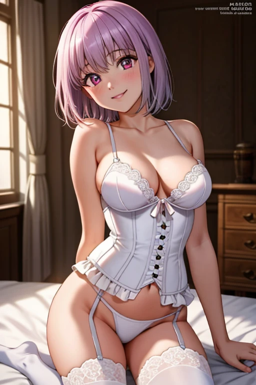 ((Masterpiece, best quality)),edgQuality
smiling,smug,akaneshinjou, shinjou akane, light purple hair, (pink eyes:1.2), short hair,
BREAK indoors, city,
BREAK looking at viewer, BREAK (masterpiece:1.2), best quality, high resolution, unity 8k wallpaper, (illustration:0.8), (beautiful detailed eyes:1.6), extremely detailed face, perfect lighting, extremely detailed CG, (perfect hands, perfect anatomy),
edgHL,hentai_lingerie, 1girl, solo, long hair, breasts, looking at viewer,hair ribbon,corset, blush, smile,  purple panties, white thighhighs, white bra ,wearing edgHL