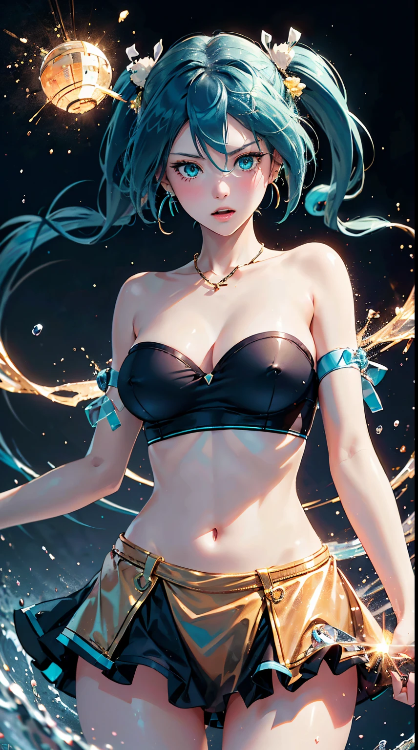 skistyle, miku hatsune, masterpiece, best quality, 1girl, blush, aqua eyes, cap, closed mouth, earrings, hat, hoop earrings, jewelry, looking at viewer, shirt, simple background, solo, upper body, yellow shirtHD lighting and dark )<=(epic image quality)dark atmosphere with bright particle light(many effects in background)
