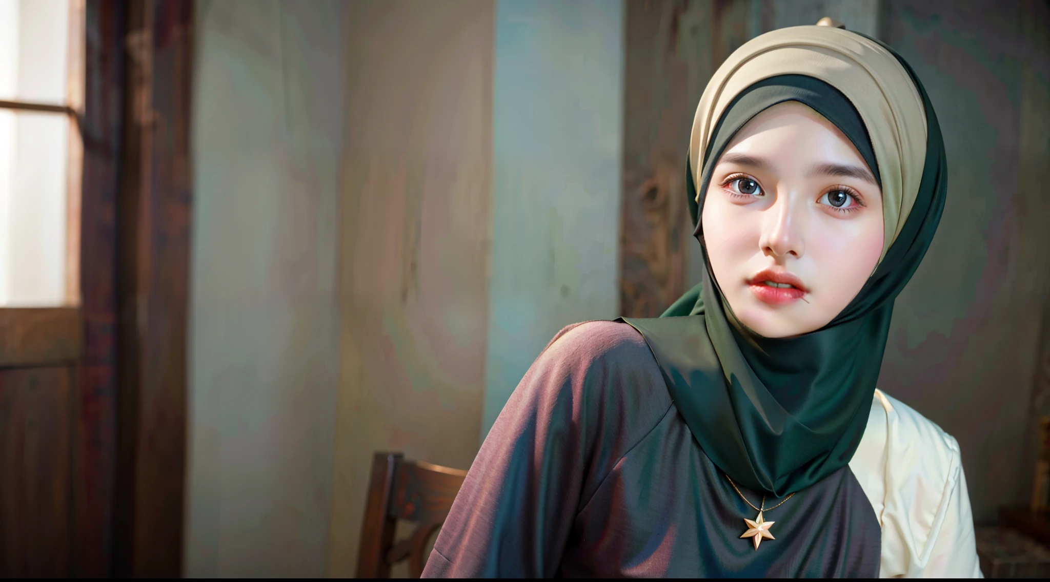a matured malay woman in the style of nocturne, wearing hijab, dreamy atmosphere, dark cyan and red, i can't believe how beautiful this is, serene atmosphere, piles/stacks, flickering light, epic realistic, broken old boat in big storm, illustrated by herg, style of tin tin comics, pen and ink,art by greg rutkowski and artgerm, soft cinematic light, (depth of field:1.4), faded, (neutral colors:1.2), (muted colors:1.2), (artstation:1.4), cinematic, warm lights, dramatic light, complex background, (rutkowski:0.66), (teal and orange:0.4), hdr, (intricate details, hyperdetailed:1.15) (skin texture:1.2)