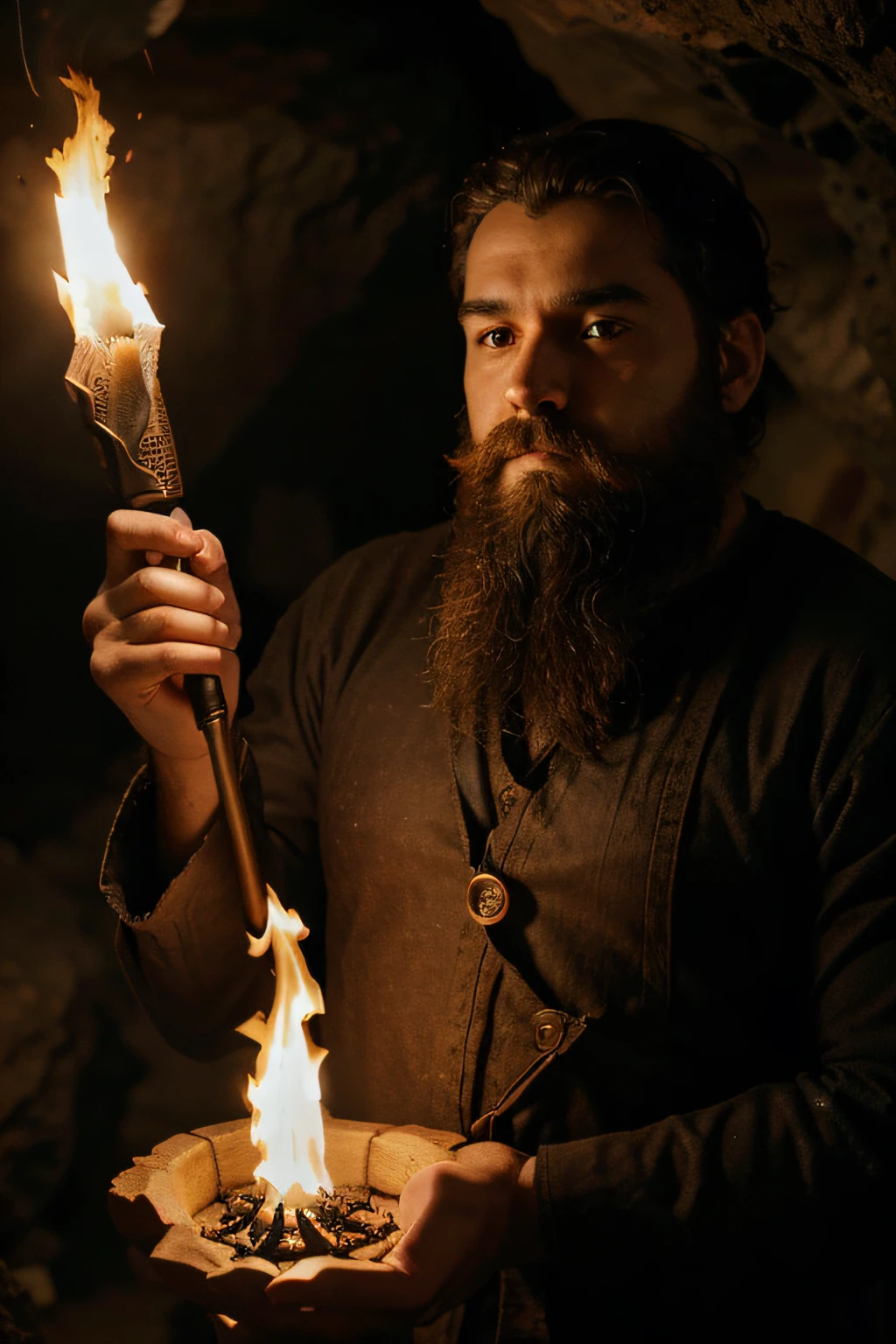homem das cavernas dentro de uma caverna, He's bearded, possui barbas e cabelos grandes, in his hand he holds a torch with fire lit at the ends 4k real