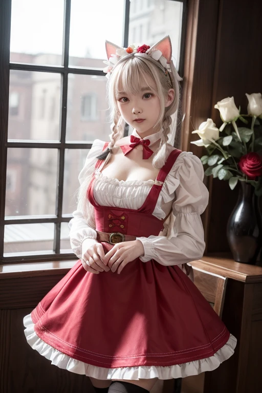 skistyle、1人、独奏、florals、animal ear、Official Alternative Costumes、long-sleeve、roses、juliet sleeves、Looking at the camera、pinafore、doress、Red flowers、verd s eyes、cat ear、skirthold、puffy sleeves、Mouth closed、Maids, White apron, A red rose, shairband, Green dress, bangss, Maid Headdress, cowboy  shot, white  hair, breastsout, The upper part of the body, Long, Braids, bow ribbon, ssmile, Animal ear fluff, a belt, maid apronl, buttoning
