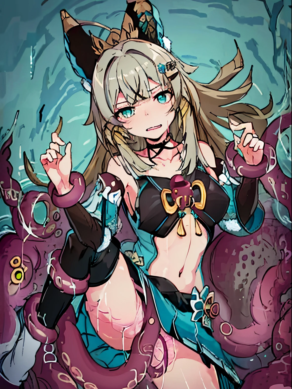 tmasterpiece, top-quality, hyper HD, Highest resolution, The content is very detailed、White slim fit bikini, bikini skirt, Tentacles take off swimsuits、a necklace, jewely, bangle, looking at the viewer only, How brightly you cry、embarrassed from, Red blush, An octopus, under the water, the reef, airbubble, Mottled sunlight, Dark, tentaculata, (Rape with tentacles:1.3), Repressive, spread their legs, Penetrated by tentacles,