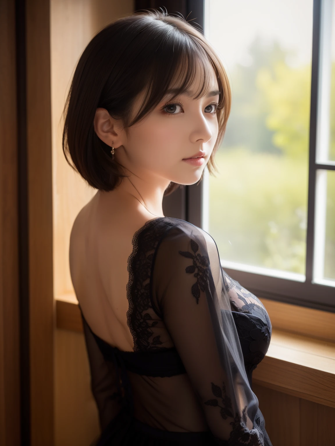 ((masterpiece))、((top-quality))、a picture、Realisticity、high-level image quality、ultra-detailliert、Delicate facial features、short-hair、Realistic backgrounds and accessories、large full breasts、a secretary、age 30s、indirect lighting、Bedrooms、Light from behind、lace black dress、Stand in front of the window、see -through、directly in front、wide Shots、