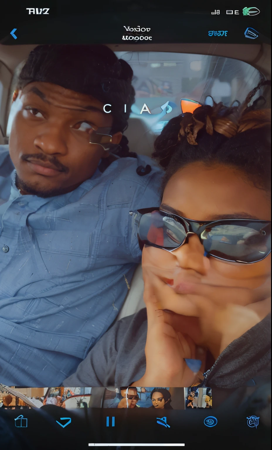 Pixar picture of a black couple.inside a car. The boy is on a dark blue and sky blue stripped shirt. The boy has a small goatee and moustache and meduim sized lips and a ceaser hair cut. The girl is in black braids tied with a brown ribbon, she’s on a black top with her hand under her chin. She has a full lips