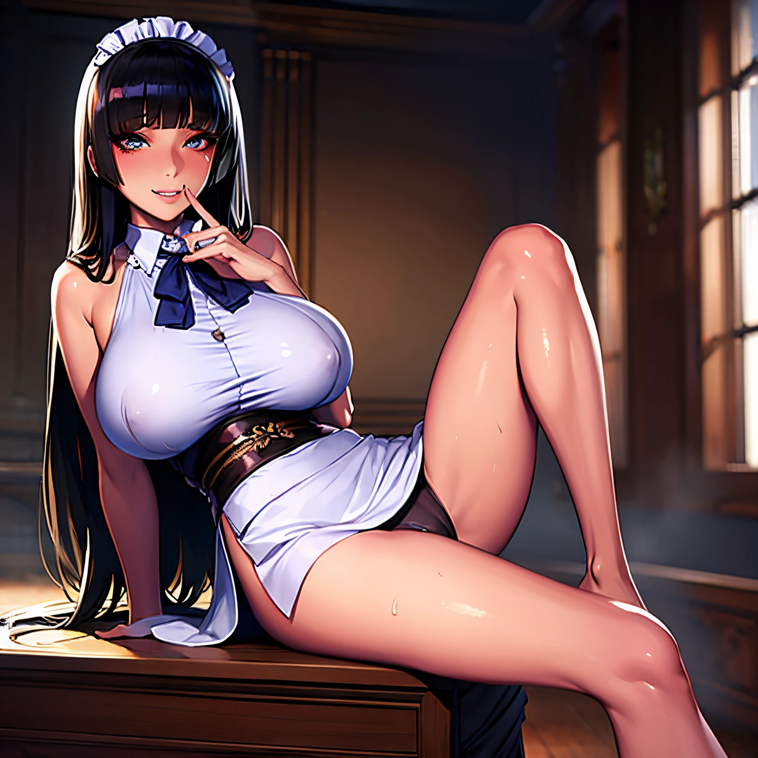 masutepiece, Best Quality, High resolution, solo, 1girl, Full body, Description Girls, detail hands, Detail fingers, Detail Face, cute face, detail legs, overdetailed art, Fine details,big breasts, big ass, steam, Sweat, gleaming, in room, housemaid, long hair, blunt bangs, evil grin, clothed, sadakage