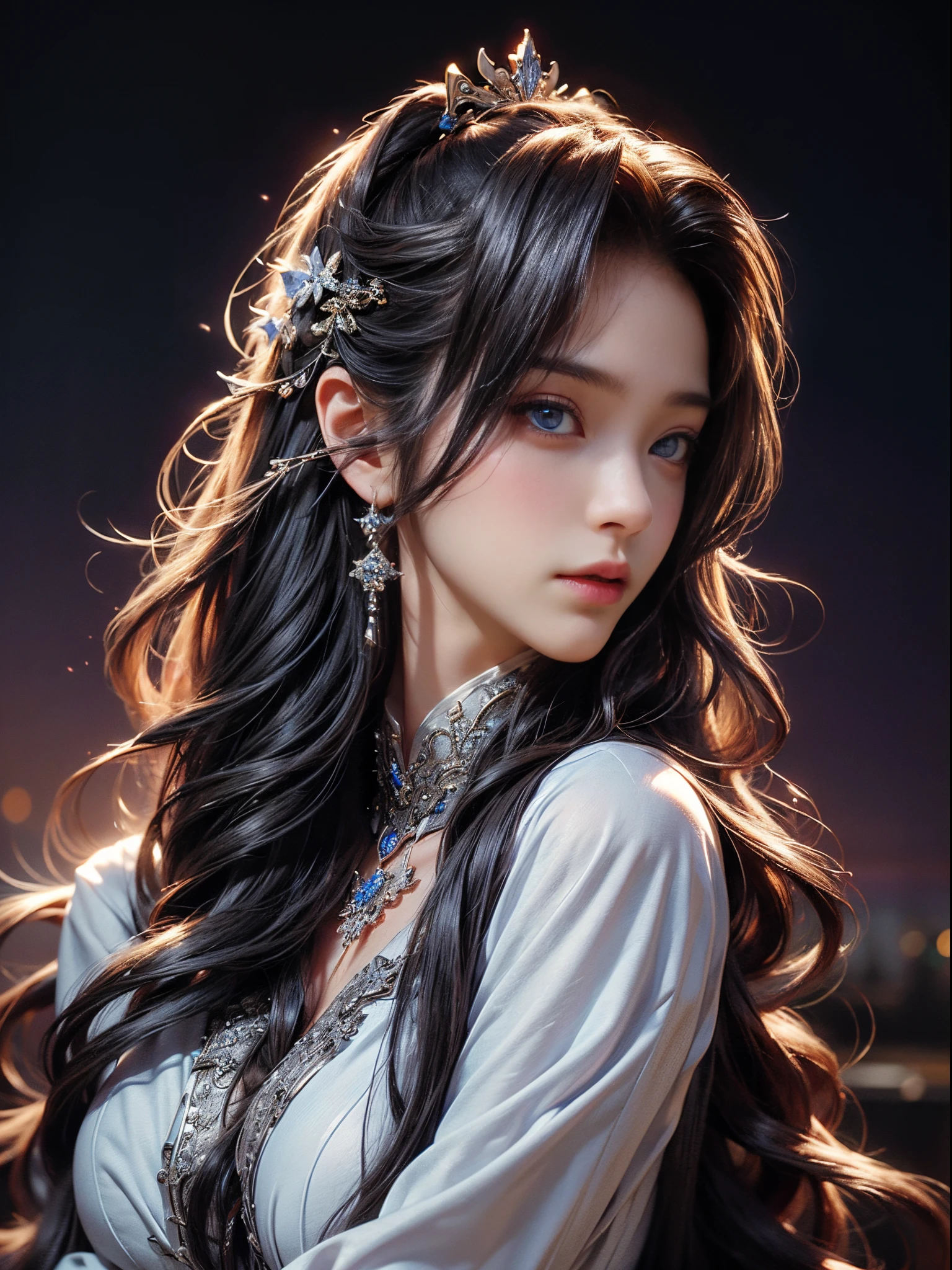 (Best quality at best, 4K, 8K, A high resolution, tmasterpiece:1.2), ultra - detailed, (actual, realisticlying, Photorealistic:1.37), HighDynamicRange, hyper HD, Studio lighting, Extremely detailed description, 美丽细致的眼睛, beautiful detailed lips, Extremely detailed eyes and face, Long eyelashes, Lonely girl, In the corner, gazing heavenward, Solitude, collars, hair between eye, As estrelas (symbol), long whitr hair, deep purple hair, dual horsetail, eBlue eyes, eyes with brightness.