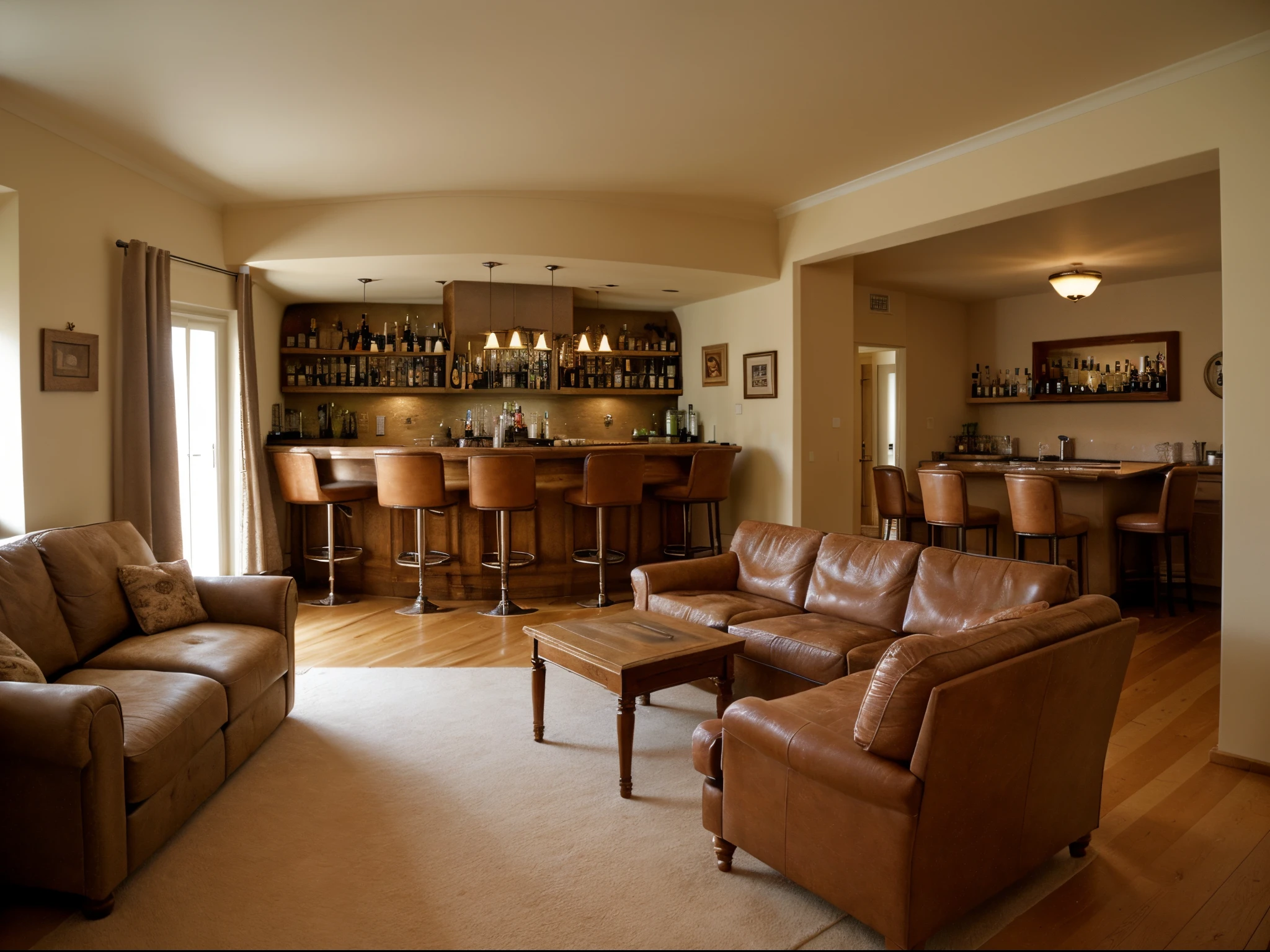 Interior of Europe villa space, large living room;, around the link to the kitchen, Living room, and bar