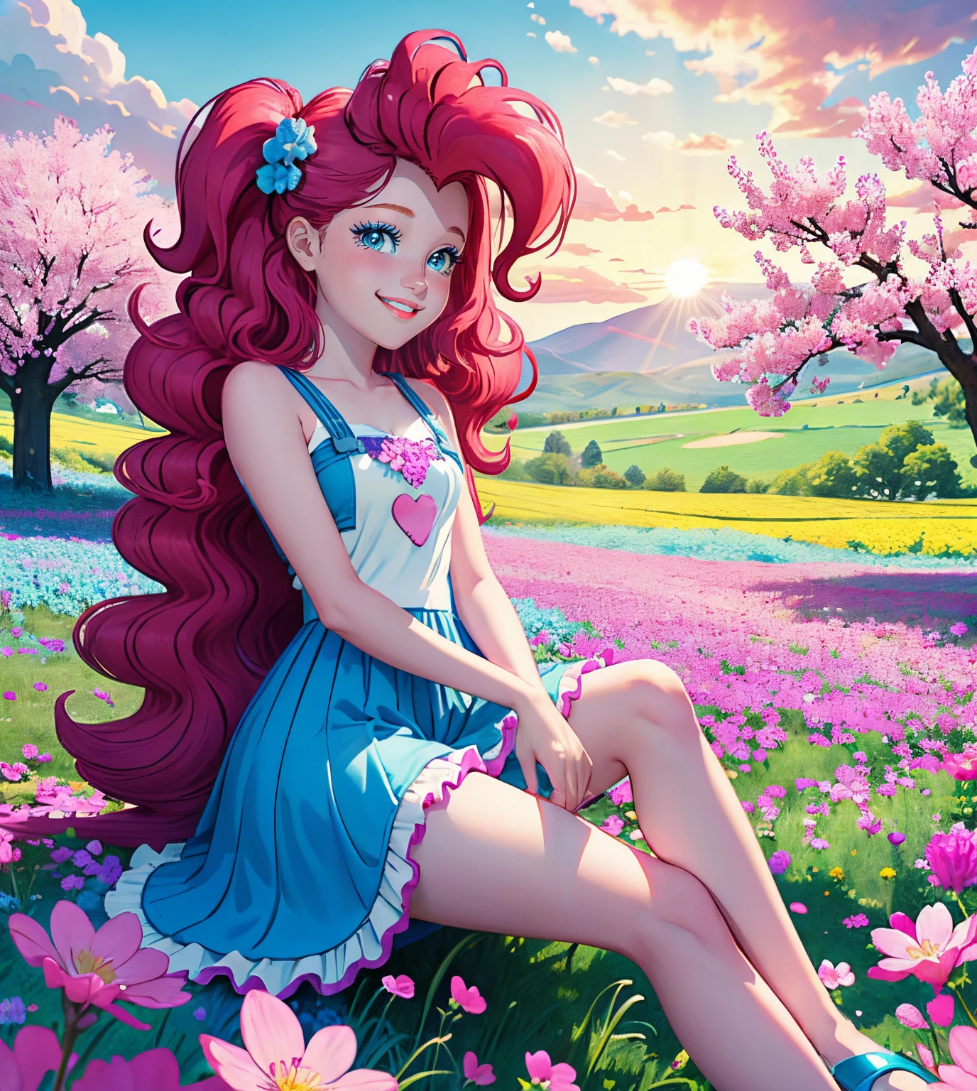 My little pony pinkie pie, pinkie pie, pinkie pie in the form of a girl, long dark pink hair, blue eyes, long pink and blue frilly dress, white frilly thigh high, small pink heels, blue sky, pink clouds, ((sitting in a pink and blue flower field)), staring at viewers, (light pink skin 1.5), soft blush, happy smile, soft smile, holding flowers, blue balloons flying everywhere, ((sunrise 1.0)), highly detailed lighting, yellow light, in a beautiful flower field, pink and blue flowers everywhere, blue eyeshadow (( BLUE EYES 2.0 )), flowers everywhere, SITTING UNDER A TREE HOLDING FLOWERS, pink skin, bubbles and ballon all around, cherry blossoms trees everywhere, in a cherry blossom forest