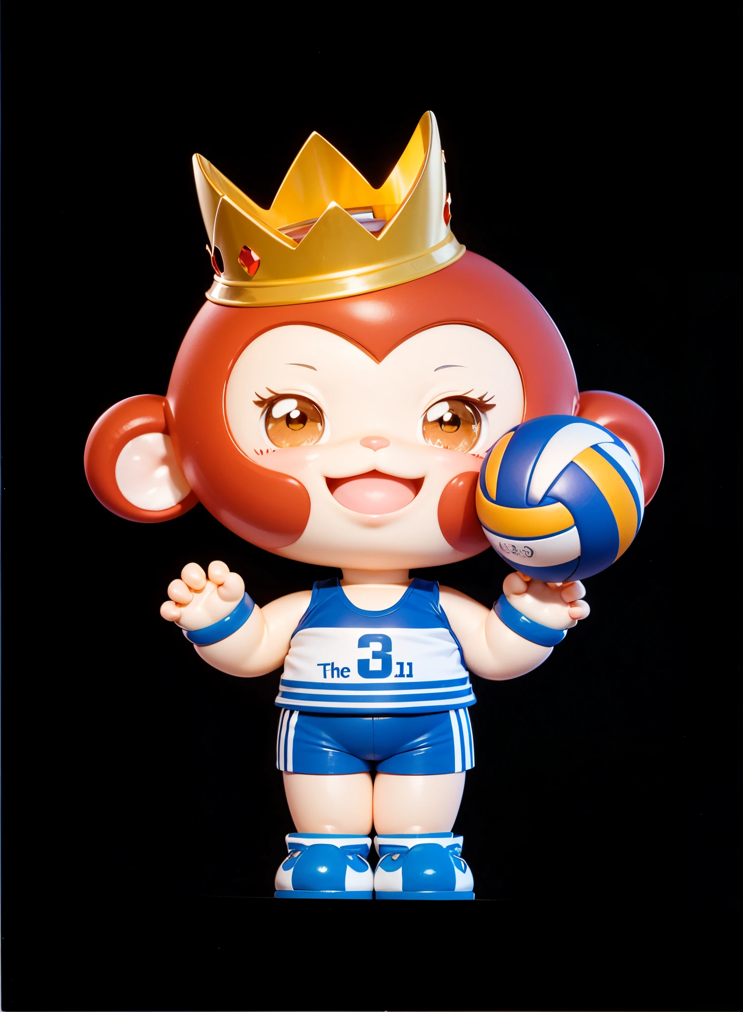 【amber round eyes,No eyelashes】Clear and normal hand gestures for holding a volleyball,Cute red monkey playing volleyball,Volleyball in hand,No hair,Happy expression(Best quality at best)), ((tmasterpiece)), ( The content is very detailed, highest details, offcial art, Beauty and aesthetics:1.2), depth of fields, Composition of the whole body, (tchibi), (extremely happy:1),simple yellow crown,Cute face,Blue and white sleeveless vest,Blue and white sports shorts,Blue and white sneakers,