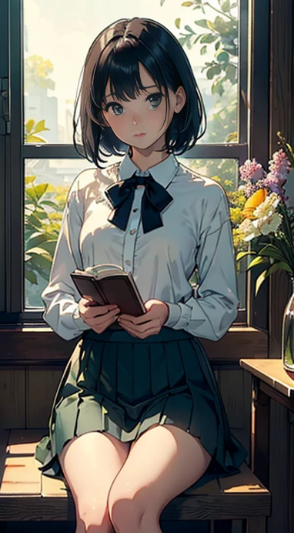 (Watercolor in Sargent style)、(top-quality、high-level image quality、masterpiece)、(David Hamilton Style)、(softfocus)、Cinema Angle、ciinematic light、Soft light、(British traditional public school)、1girl in、、A stunning、Short black hair、Crisp face、(detailed face depiction)、small tits、(tiny chest)、((classic uniform))、(((long skirt)))、((Do not show thighs))、(atlibrary)、(bookshelf)、Holding a book、((Perfect hands))、beautiful setting、serene ambiance、Calm expression、Quiet moments、Vintage atmosphere、Immerse yourself in reading、bookworm、Thoughtful gaze、Classic elegance、A quiet retreat、Fascinating beauty、Sophisticated clothing、Majestic bookcase、Traditional atmosphere、Lush green environment、window、Side table、Flowers on the windowsill、Botanical Garden、Flower Shop、The table、florals、houseplant、 The tree,
