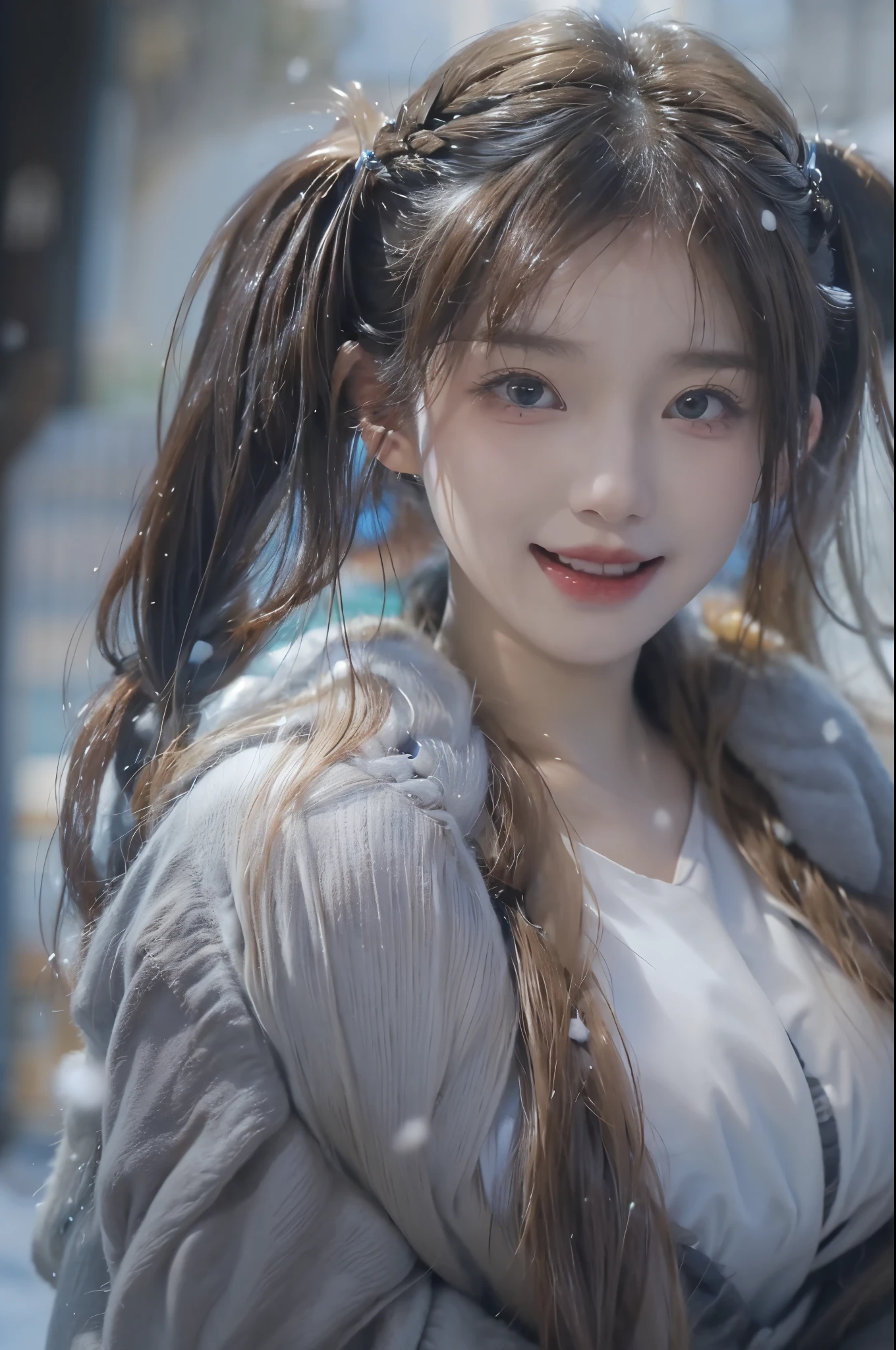 ((top-quality、8K、​masterpiece:1.3))、(((1womanl)):1.3),(( correct):1.45)、(Full body:1.5)、(((32years old)))、foco nítido:1.2、(realisitic、Photorealsitic:1.37)、snowscape、⛄️⛄️⛄️、A smile、😮‍💨😮‍💨😮‍💨😮‍💨❄️❄️❄️❄️、White breath、Cold、((brunette short twintails:1.3))