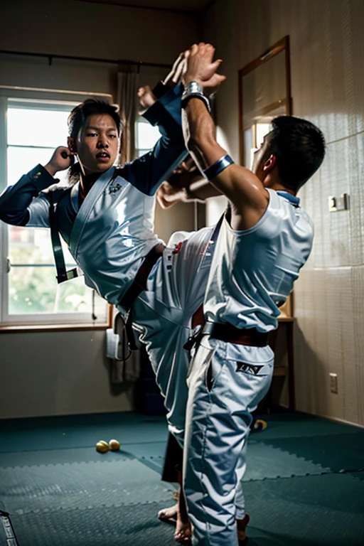 (original) , (very detailed wallpaper) , (best quality) , (masterpiece) , photographic reality, realistic, very detailed illustrations, (2 guys) , Indonesians, (serious faces) , perfect detail, (best lighting) , (super complex details) , (Taekwondo Guys) , (aggressive kicking to each other), one is having flying kick on his opponents, sweat, heavy breathing, (oppressive attack) , (Taekwindo rinofficial ring with crowds) , Wearing Taekwondo Dobok, perfect detail, perfect limbs, impact, (shiny skin), Taekwondo fight, (super detailed CG: 1.2) , (8K: 1.2) , realistic, octane rendering