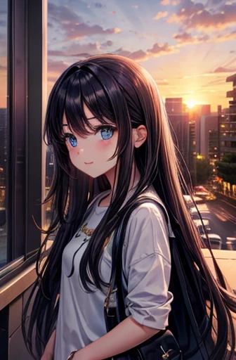 Sunset, city, mall, Long-haired girl