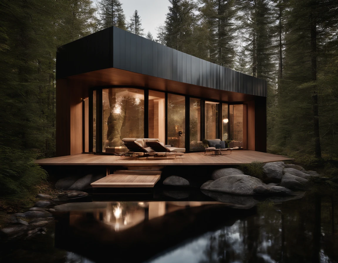 Exterior image of a tiny house duplex house in a Scandinavian nature, standing wood panel, avantgarde, waterfall, panorama glass windows, forests, waterfall inside atrium, rocks, futuristic, floating, modern, natural pond of water, inspired by architect Zaha Hadid, Frank Lloyd Wright, Santiago Calatrava