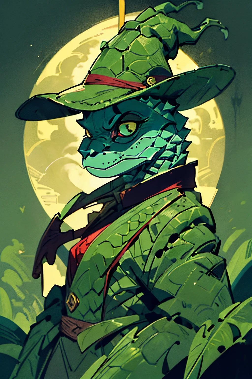 anthropomorphic humanoid crocodile, wearing witch clothes, crocodile face, reptile face, swamp background