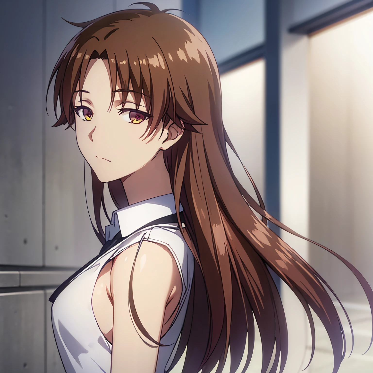 16k, high resolution, high quality, master piece, anime drawing, one beautiful woman, Kiyotaka Ayanokouji solo, slender face, brown hair, center parting, long hair, beautiful eyes, student,