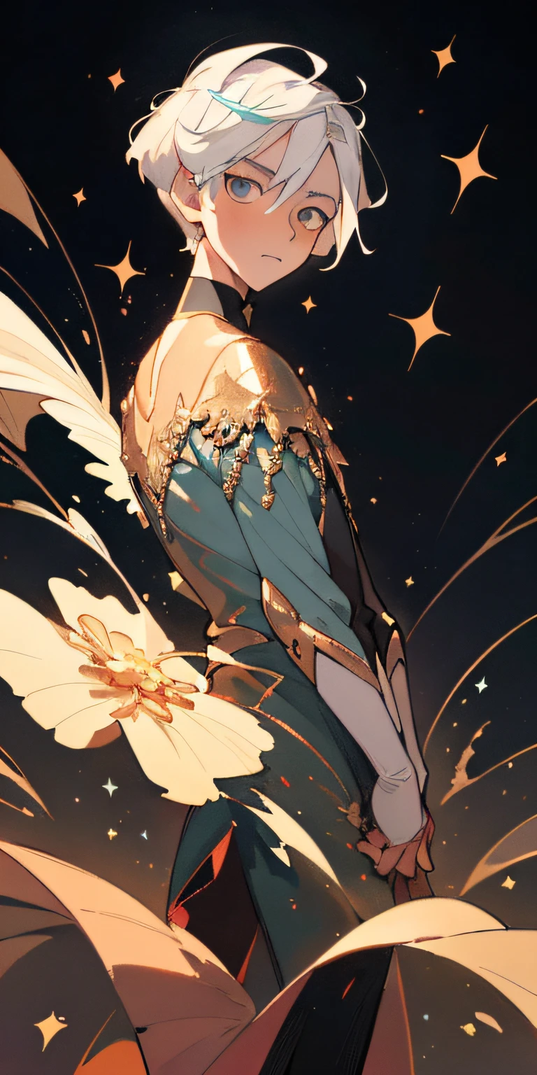 (Best quality,tmasterpiece),1boys,galaxias,glittery,Straight dress,Particle,ventania,Flowers,upper part of body,Dark simple background,looking at viewert,White haired man,frontage
