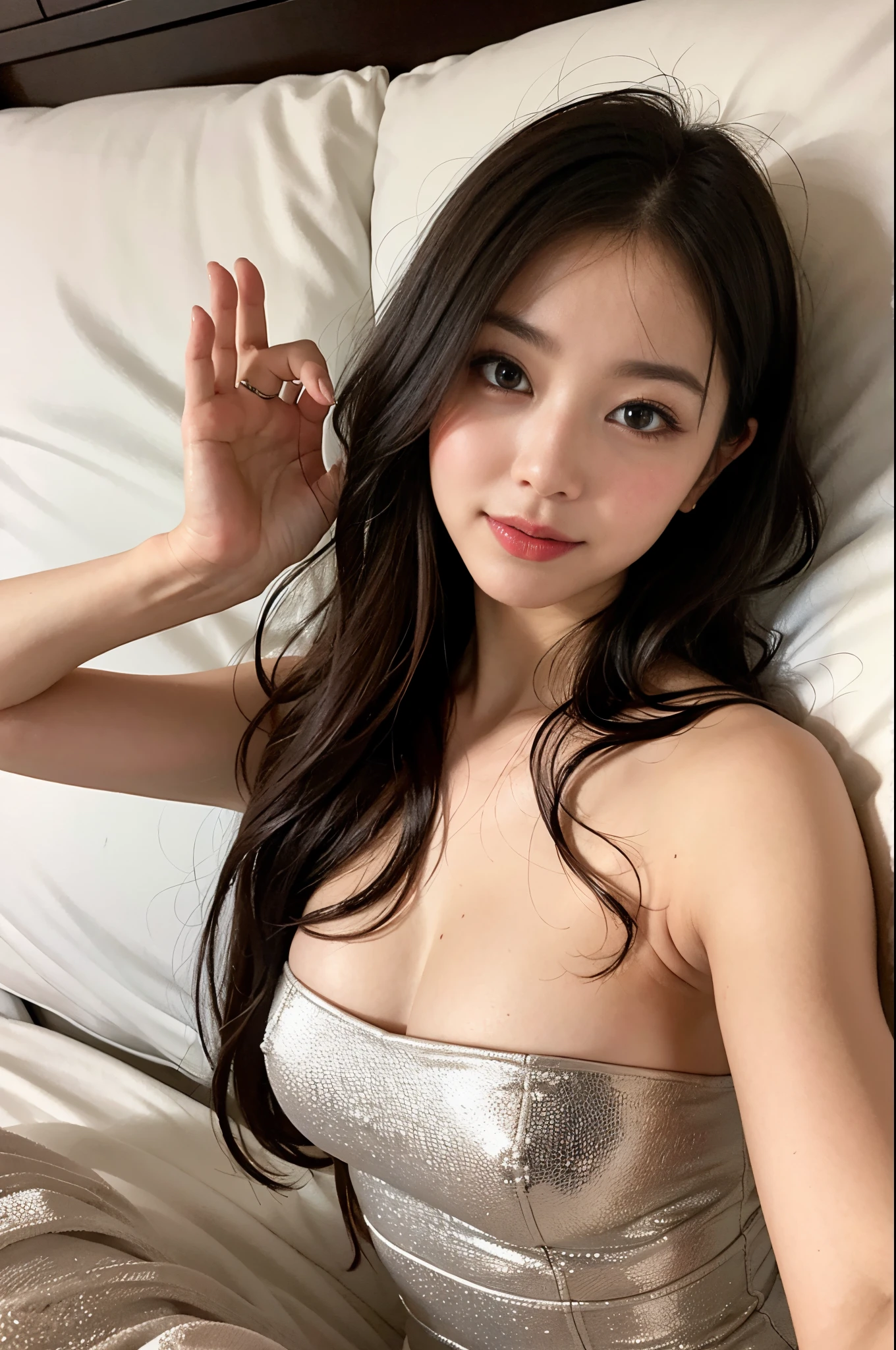 ulzzang -6500-v1.1, (Raw photo:1.2), (Photorealsitic), (Best Quality, masutepiece), Popular actresses、1girl in, Pose, game_nffsw, strapless party dress、Upstyle Hair、Classy makeup、elegant strapless long dress, lyin in bed、Ultra-realistic skin texture、shinny skin、An inviting pose while lying on the bed、Inviting look、(sexual excitement:1.3),