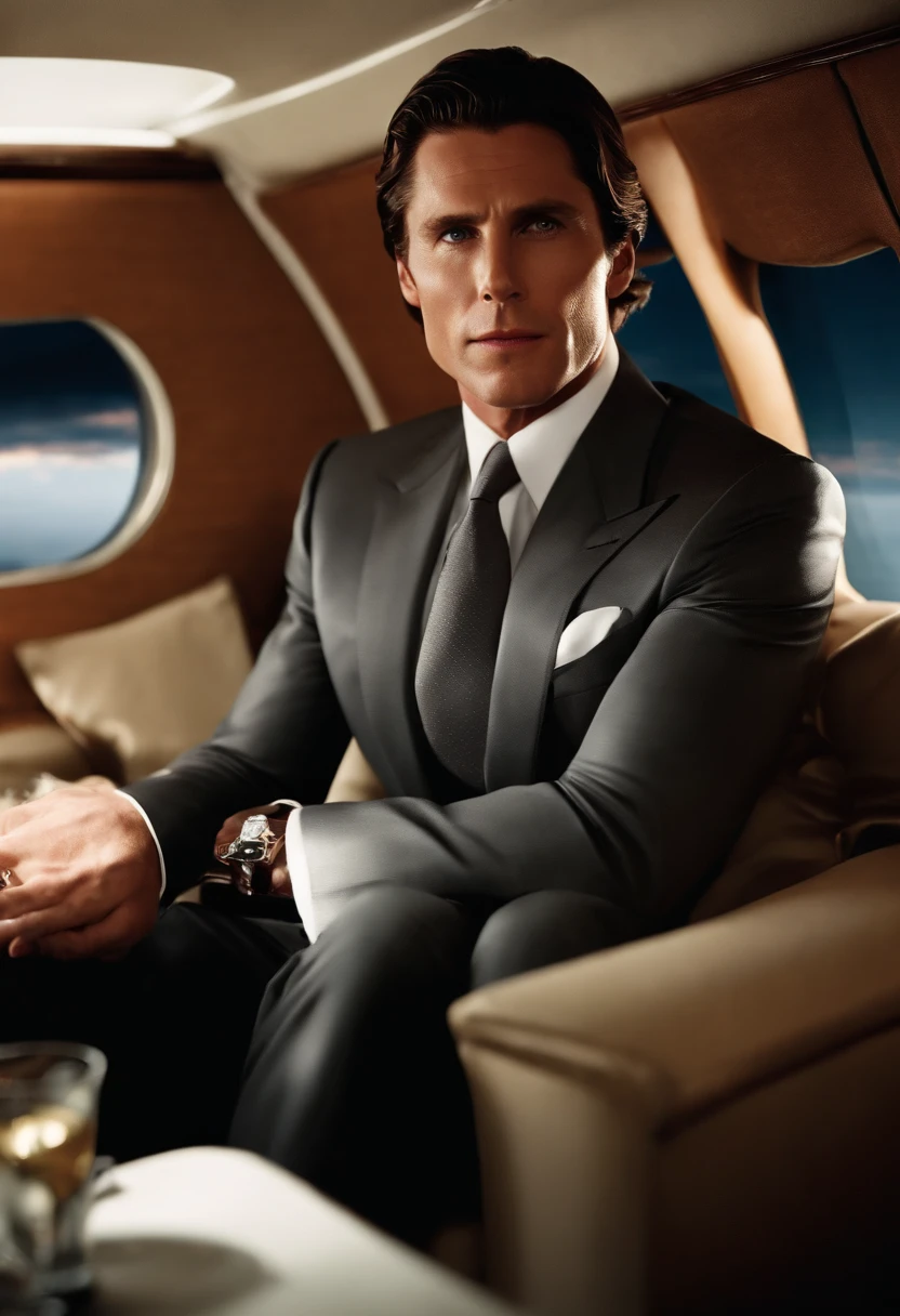 The image is of Patrick sitting in a private jet, with a champagne glass in hand and a cold, calculating look on his face.,American Psycho,Patrick is a tall, tan, muscular man with slicked back brown hair, and an expensive suit. Looks like Christian Bale