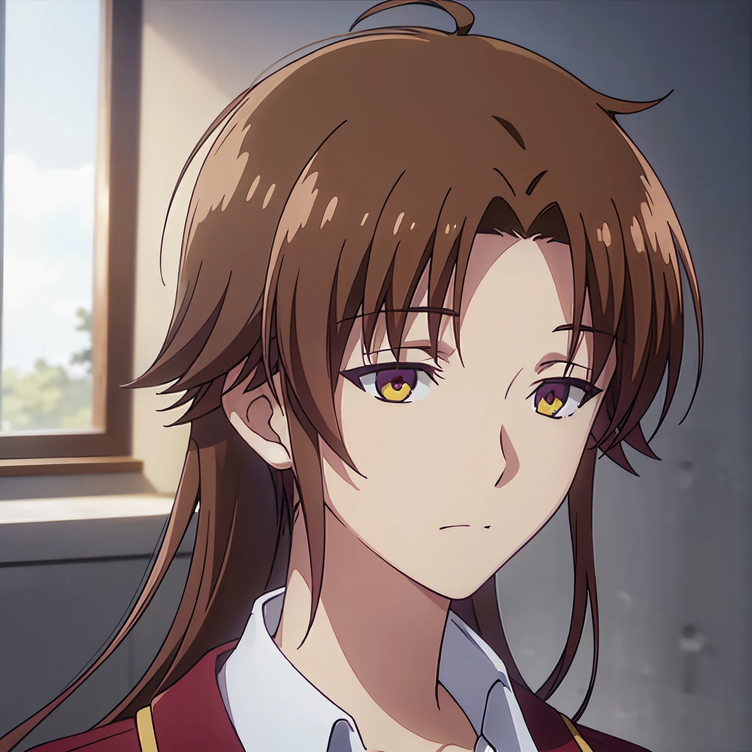 16k, high resolution, high quality, master piece, anime drawing, one beautiful woman, Kiyotaka Ayanokouji solo, slender face, brown hair, center parting, long hair, beautiful eyes, student,