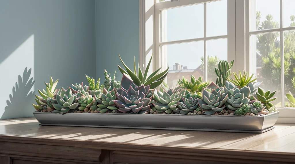(tmasterpiece, Best quality at best, ultra - detailed),Succulents，silver wave gold，The windowsill is covered with succulents，crystal，light blue white