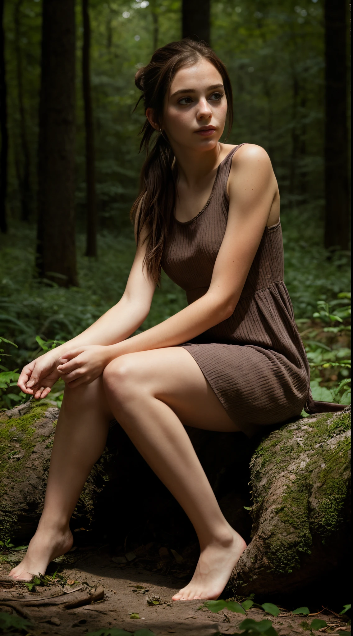 (masterpiece, best quality: 1.3) EllieTLOU, 1 girl, brown hair, long hair, ponytail, sitting, abandoned in a forest, Green Plants, soft lighting, realistic, SMOOTH FACE, full body photo, torso, dress, perfect eyes, clear