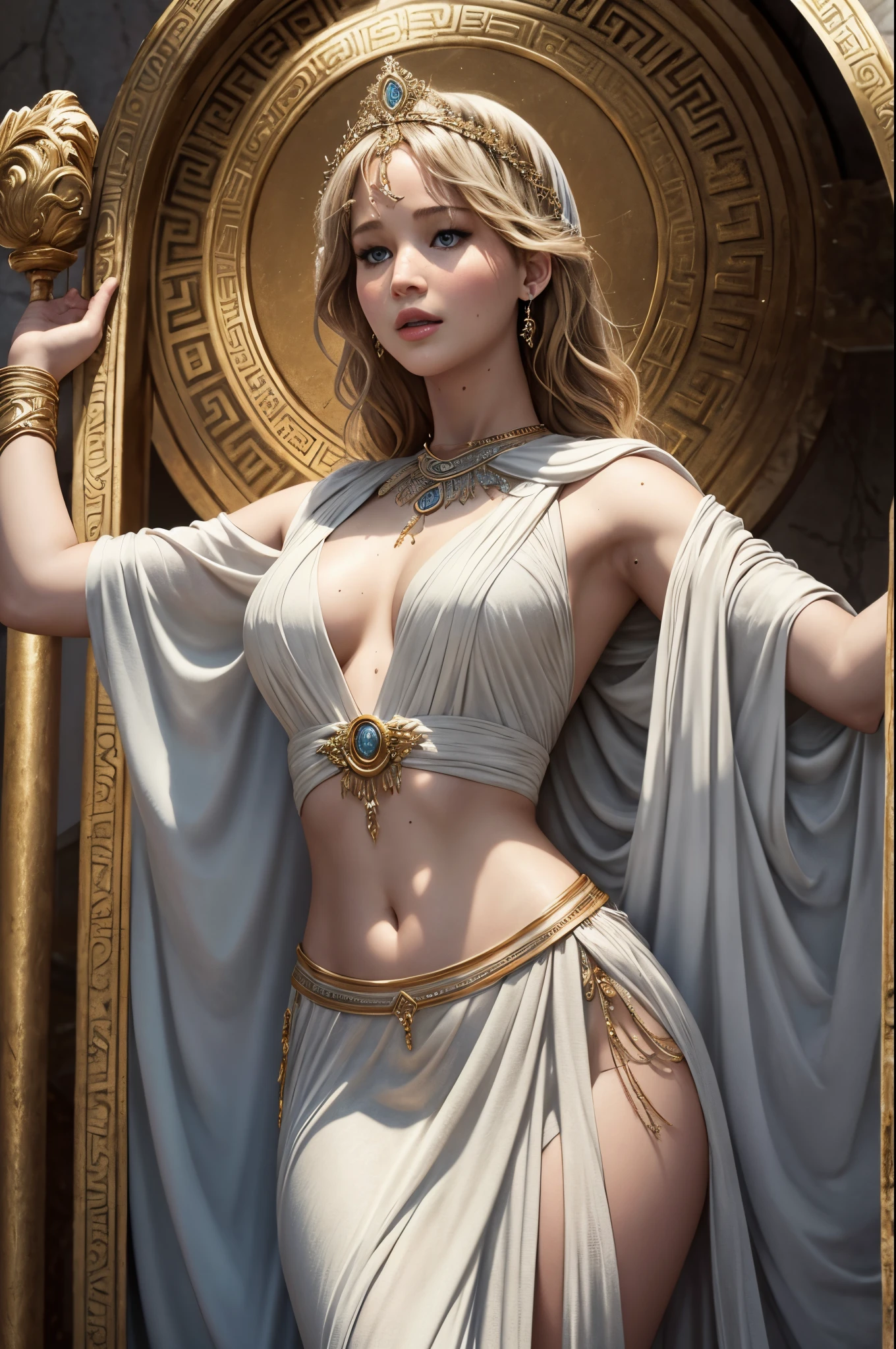"Imagine an AI-generated image that transforms Jennifer Lawrence into a Greek goddess, embodying the timeless grace and power of ancient mythology. Picture her draped in ethereal Grecian robes, adorned with divine accessories that capture the essence of her modern persona merged with classical elegance. Surround her with a celestial aura, set against a background reminiscent of Mount Olympus. Incorporate symbolic elements that represent her strengths and virtues, creating a visual ode to Jennifer Lawrence as a contemporary deity in the pantheon of Greek mythology."