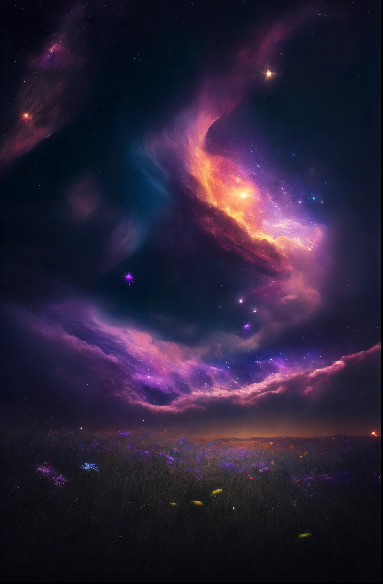 A colourful nebula visible in the sky, night sky, full of stars, grassland with flowers, dark theme, Photorealistic, UHD