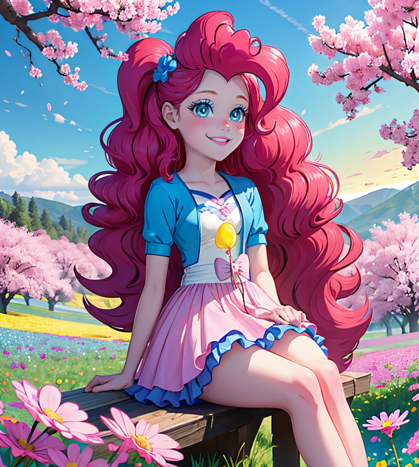 My little pony pinkie pie, pinkie pie, pinkie pie in the form of a girl, long dark pink hair, blue eyes, long pink and blue frilly dress, white frilly thigh high, small pink heels, blue sky, pink clouds, ((sitting in a pink and blue flower field)), staring at viewers, (light pink skin 1.5), soft blush, happy smile, soft smile, holding flowers, blue balloons flying everywhere, ((sunrise 1.0)), highly detailed lighting, yellow light, in a beautiful flower field, pink and blue flowers everywhere, blue eyeshadow (( BLUE EYES 2.0 )), flowers everywhere, SITTING UNDER A TREE HOLDING FLOWERS, pink skin, bubbles and ballon all around, cherry blossoms trees everywhere, in a cherry blossom forest