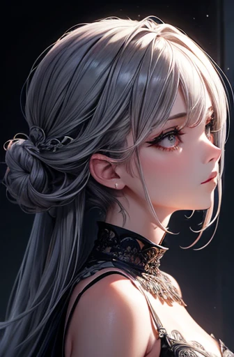 Highly detailed, 8K, masutepiece, 1girl in, Grey two-tone_hair, Dress , , (Perfect_Face), ornate, Convoluted, Dramatic Lighting, 4K, Detailed_Background, Caustics, Portrait, , from a_Side