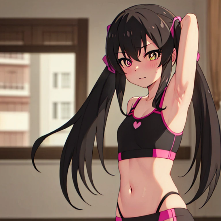 masterpiece, best quality, highres, Matoba Risa, 1girl, solo, busty, small breasts, black hair, twintail , sport bra, blush, looking at viewer, full body, standing, simple background, (erotic pose:1.4), (heart-shaped pupil:1.4), ((arms behind head, armpits)), Half body, upper body