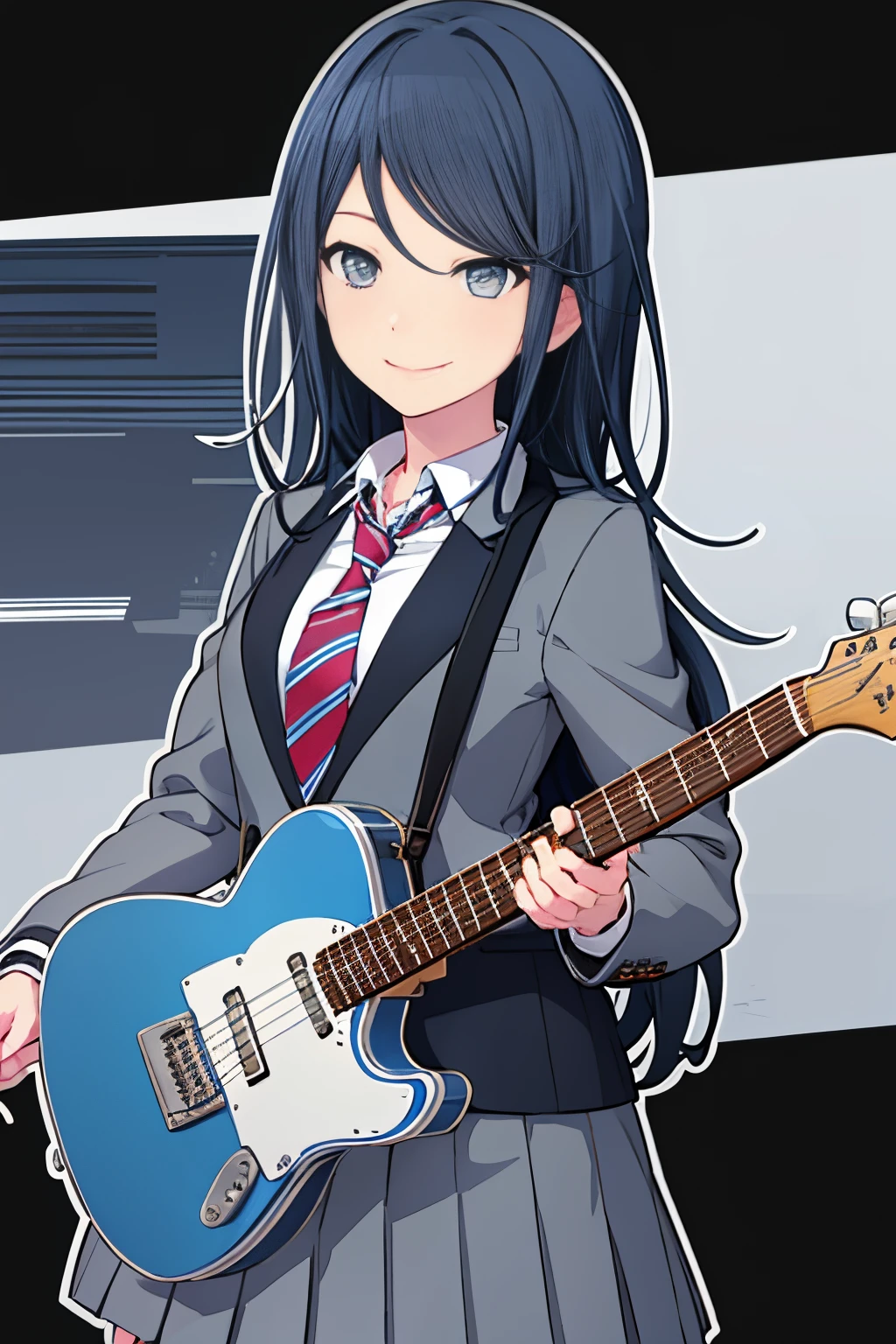 ichika3rd, looking at viewer, smile, skirt, , shirt, long sleeves, holding, closed mouth, school uniform, blue hair, jacket, white shirt, upper body, pleated skirt, open clothes, necktie, striped, collared shirt, nail polish, open jacket, fingernails, blazer, red necktie,  instrument, tsurime, outline, grey jacket, guitar, white outline, striped necktie, holding instrument, diagonal stripes, electric guitar, diagonal-striped necktie