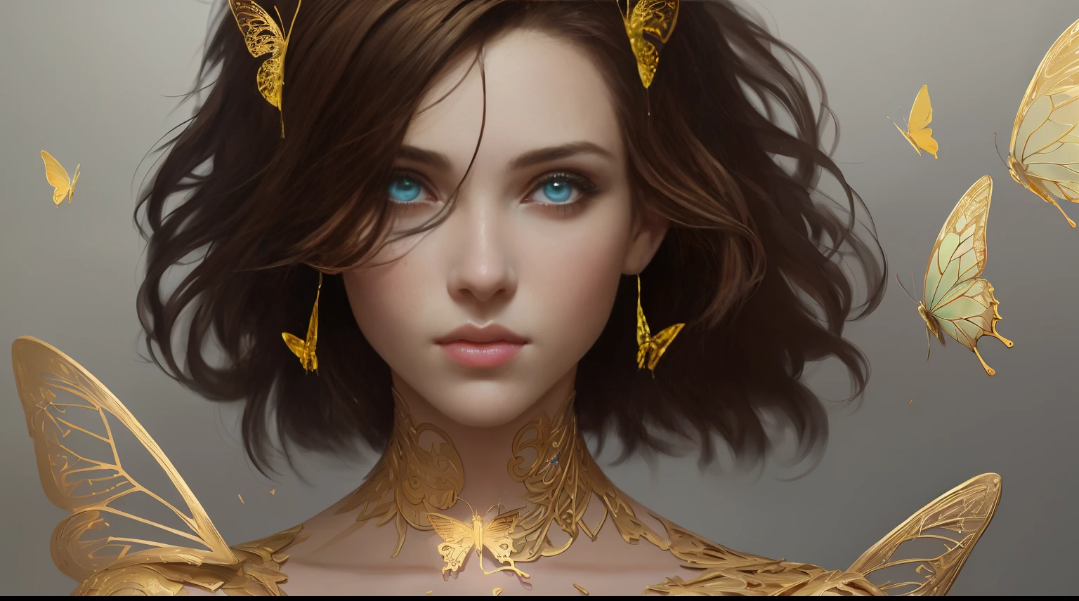 8k portrait of beautiful cyborg with brown hair, intricate, elegant, highly detailed, majestic, digital photography, art by artgerm and ruan jia and greg rutkowski surreal painting gold butterfly filigree, broken glass, (masterpiece, sidelighting, finely detailed beautiful eyes: 1.2), hdr,