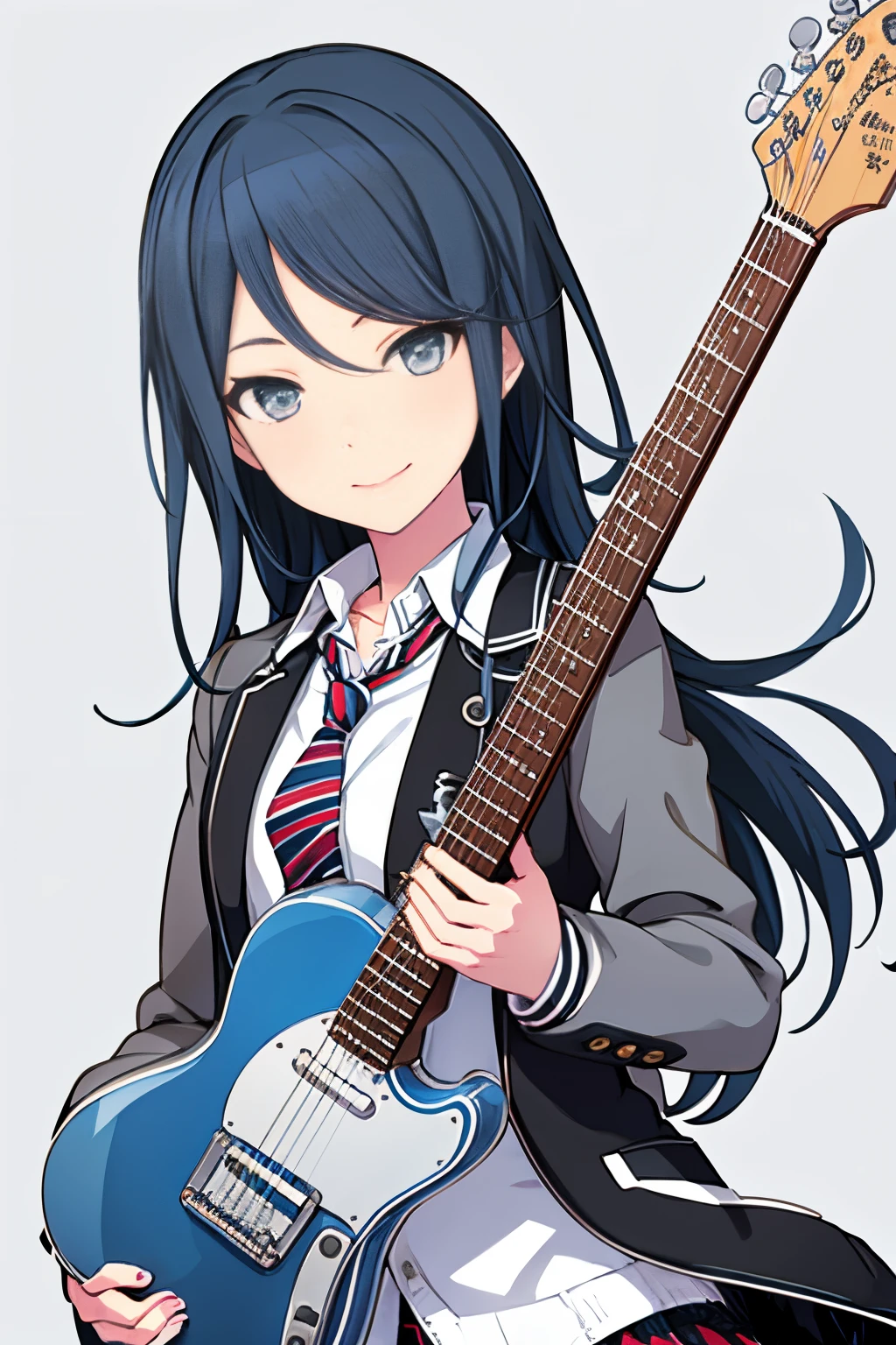 ichika3rd, looking at viewer, smile, skirt, , shirt, long sleeves, holding, closed mouth, school uniform, blue hair, jacket, white shirt, upper body, pleated skirt, open clothes, necktie, striped, collared shirt, nail polish, open jacket, fingernails, blazer, red necktie,  instrument, tsurime, outline, grey jacket, guitar, white outline, striped necktie, holding instrument, diagonal stripes, electric guitar, diagonal-striped necktie