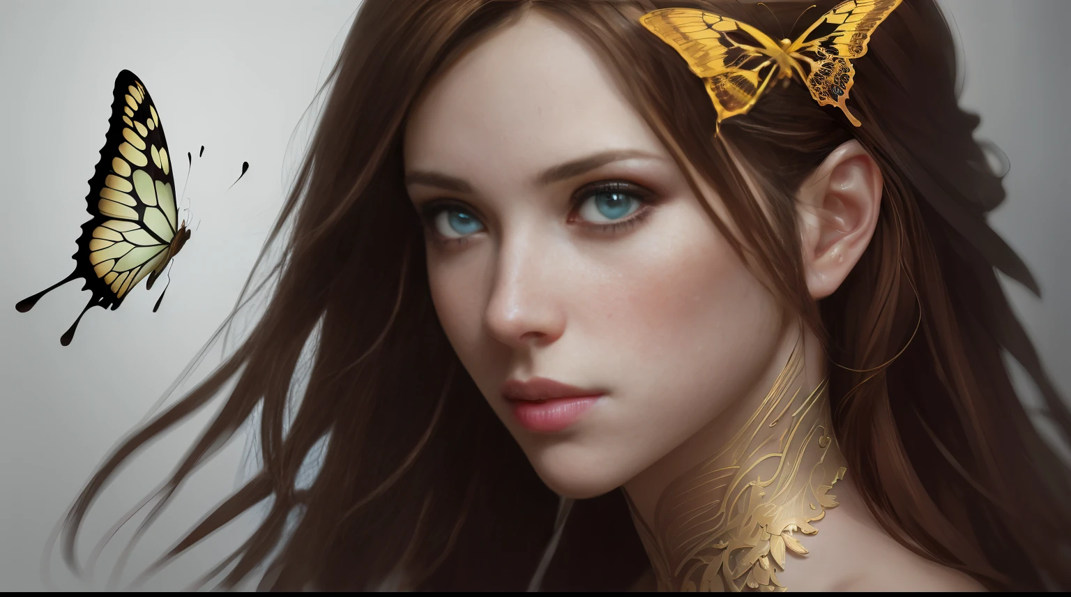 8k portrait of beautiful cyborg with brown hair, intricate, elegant, highly detailed, majestic, digital photography, art by artgerm and ruan jia and greg rutkowski surreal painting gold butterfly filigree, broken glass, (masterpiece, sidelighting, finely detailed beautiful eyes: 1.2), hdr,