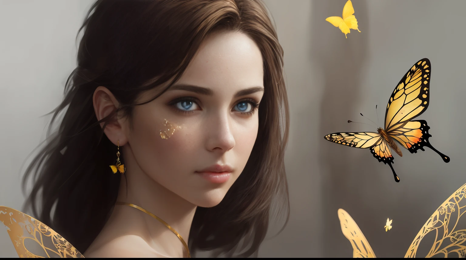 8k portrait of beautiful cyborg with brown hair, intricate, elegant, highly detailed, majestic, digital photography, art by artgerm and ruan jia and greg rutkowski surreal painting gold butterfly filigree, broken glass, (masterpiece, sidelighting, finely detailed beautiful eyes: 1.2), hdr,