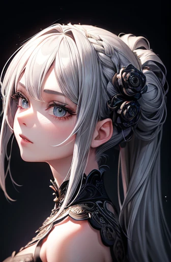 Highly detailed, 8K, masutepiece, 1girl in, Grey two-tone_hair, Dress , , (Perfect_Face), ornate, Convoluted, Dramatic Lighting, 4K, Detailed_Background, Caustics, Portrait, , from a_Side