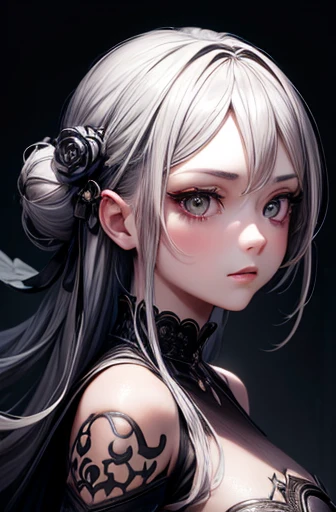 Highly detailed, 8K, masutepiece, 1girl in, Grey two-tone_hair, Dress , , (Perfect_Face), ornate, Convoluted, Dramatic Lighting, 4K, Detailed_Background, Caustics, Portrait, , from a_Side