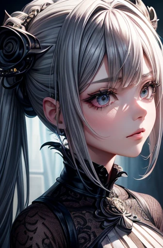 Highly detailed, 8K, masutepiece, 1girl in, Grey two-tone_hair, Dress , , (Perfect_Face), ornate, Convoluted, Dramatic Lighting, 4K, Detailed_Background, Caustics, Portrait, , from a_Side