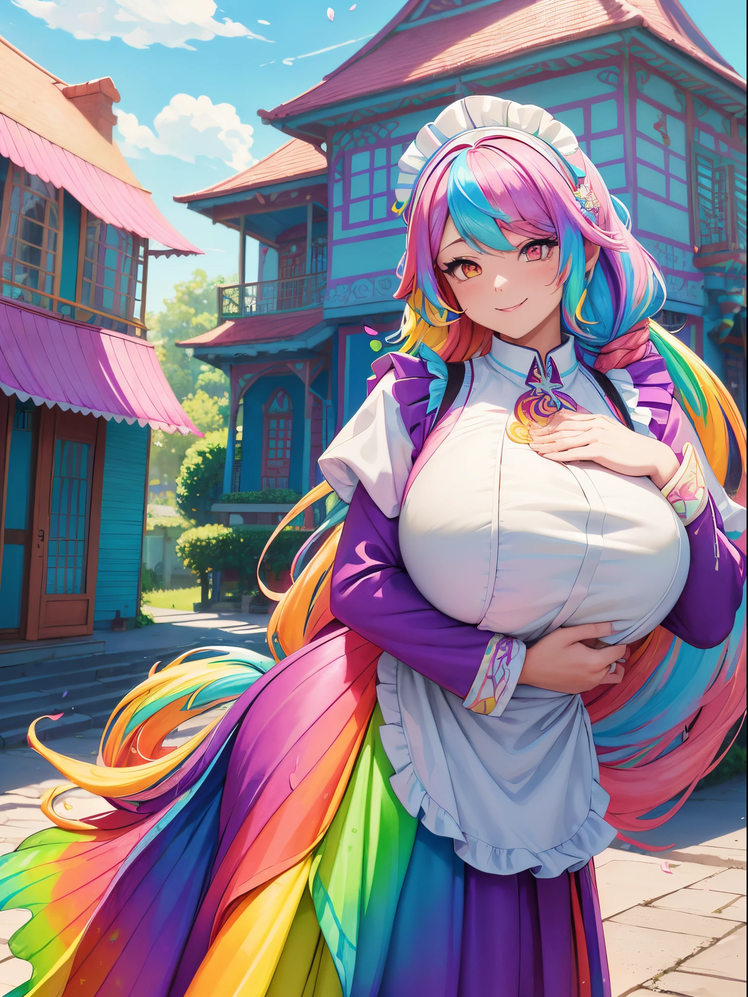 Playing in the tide,Luxley, Split color hair, Wind, Flying petals, stainedglassai, ornamental, Intricate details, dufkova, 8K, linear art, watercolor paiting, ink watercolor, Colorful hair, Super long hair,Big braid ponytail,Ahoge, Wavy,(colorful house maid uniform:1.5),Rainbiu color maid clothes, One Girl's Maid,alraune,flower, alraune,(colorful colorful clothes:1.9),(gigantic huge tits:1.3),Gentle smile,See audience view,Charming wink,